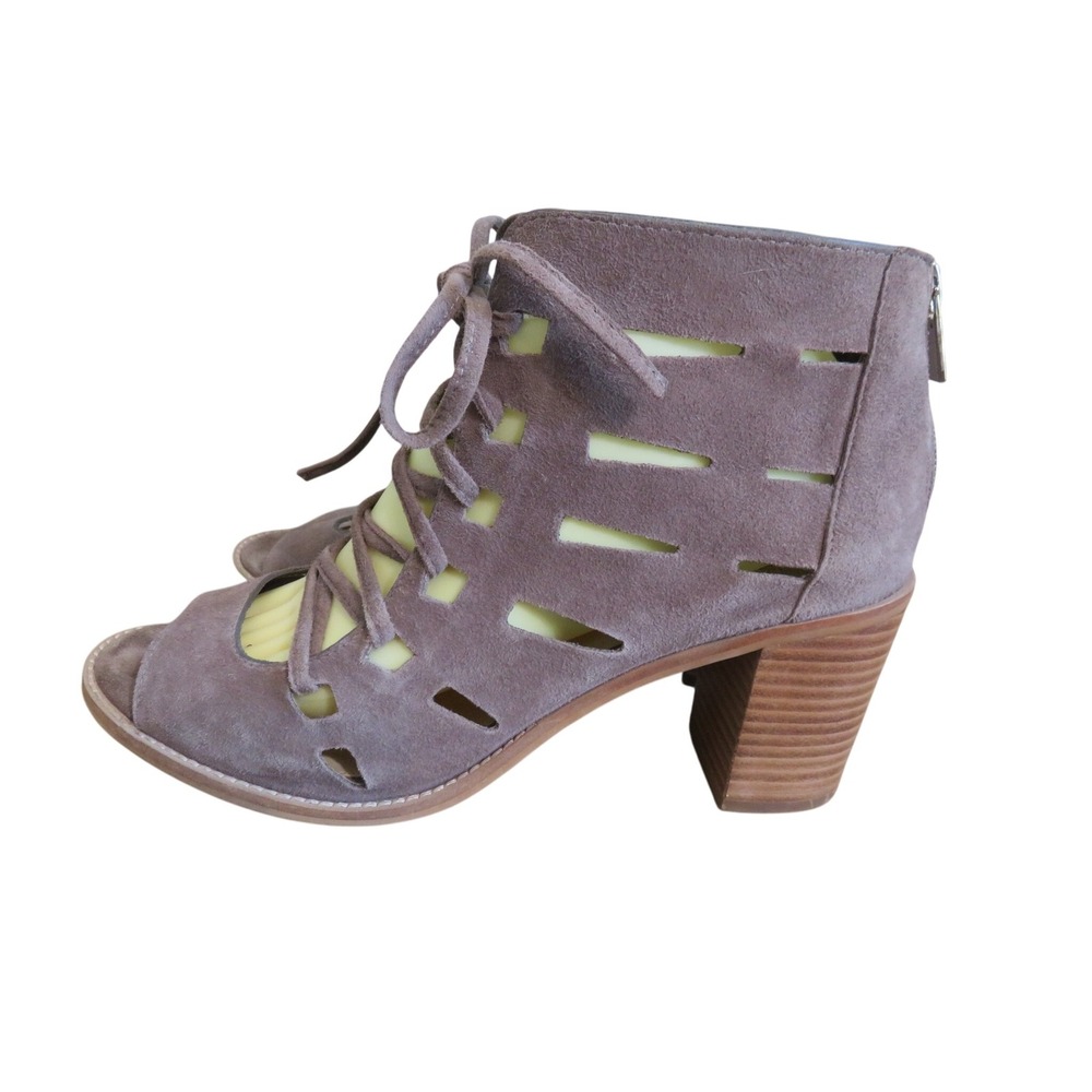 Vince Camuto Tressa Womens 9.5M Lace Up Cutout Suede Peep Toe Heel Booties Taupe